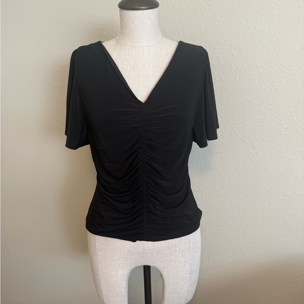 WHBM Black V-Neck Ruched Women's Top